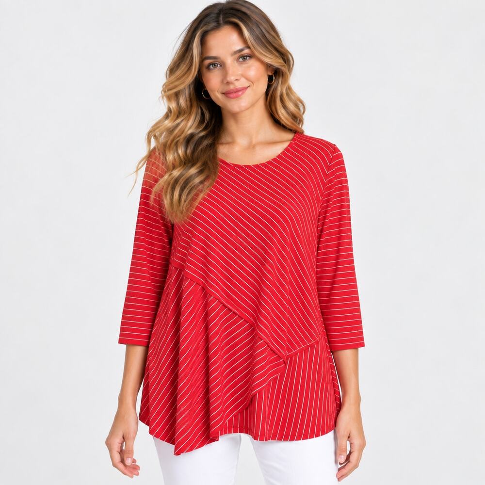 Susan Graver Liquid Knit Blouse Women's Size XL Coral Striped Casual Office